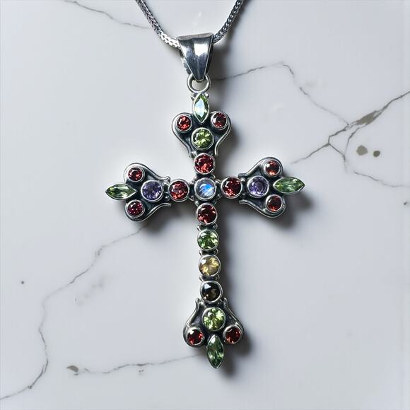 Vintage 925 Sterling Silver Multi Gemstone Cross Pendant Necklace 18” Chain